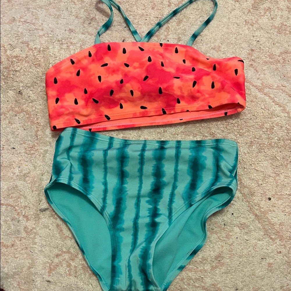 Girls' Watermelon Print Two-Piece Swim Set - Coral Top & Teal Bottom